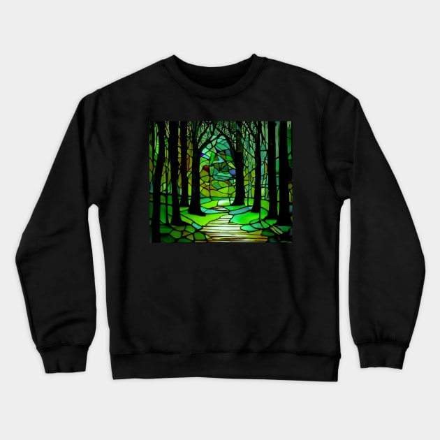 Stained Glass Forest Design Colorful Trees Landscape Crewneck Sweatshirt by Aurora X